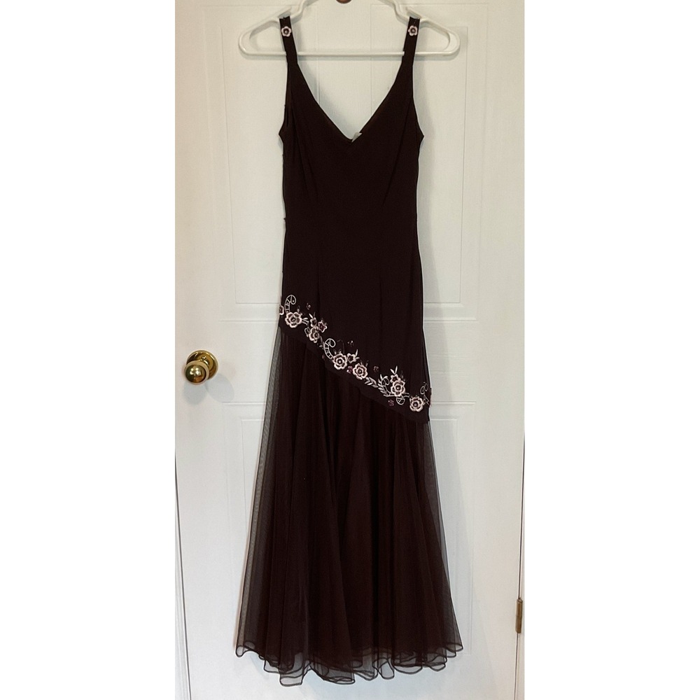 R&M Richards Gown Womens 6P Brown NWT Floral Embroidered Tulle Maxi Dress - Picture 7 of 10